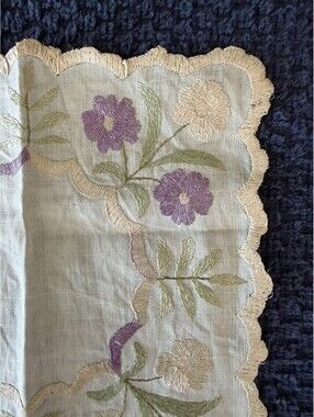 Embroidered Floral Handkerchief 7”Scalloped Edge Pink Purple Green